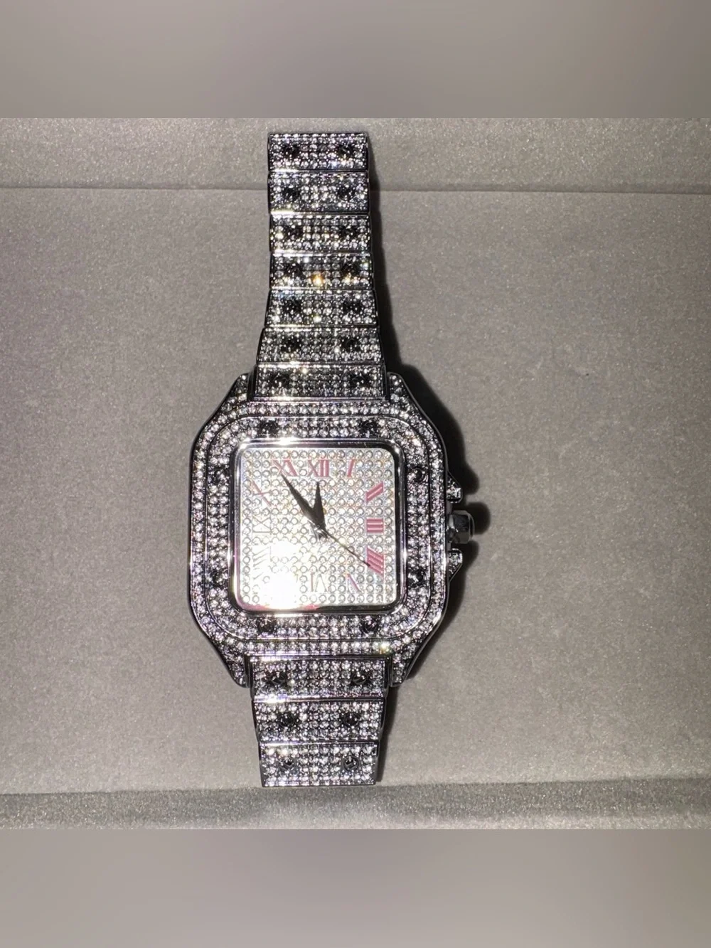 Inspired Moissanite Square Dial Watch - Red Roman Numeral Accents